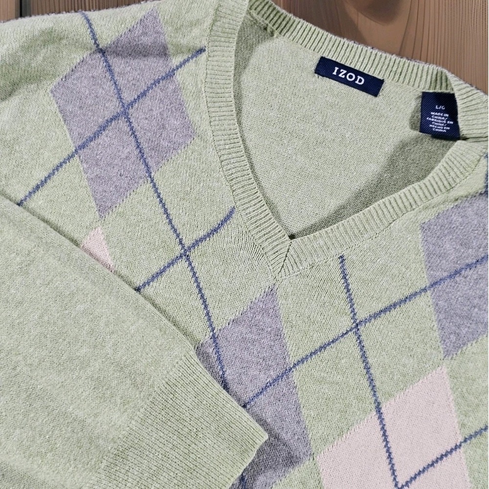 IZOD Argyle Sweater Mens L Green V-Neck Long Sleeve Knit Pullover Y2K Preppy - Picture 1 of 9